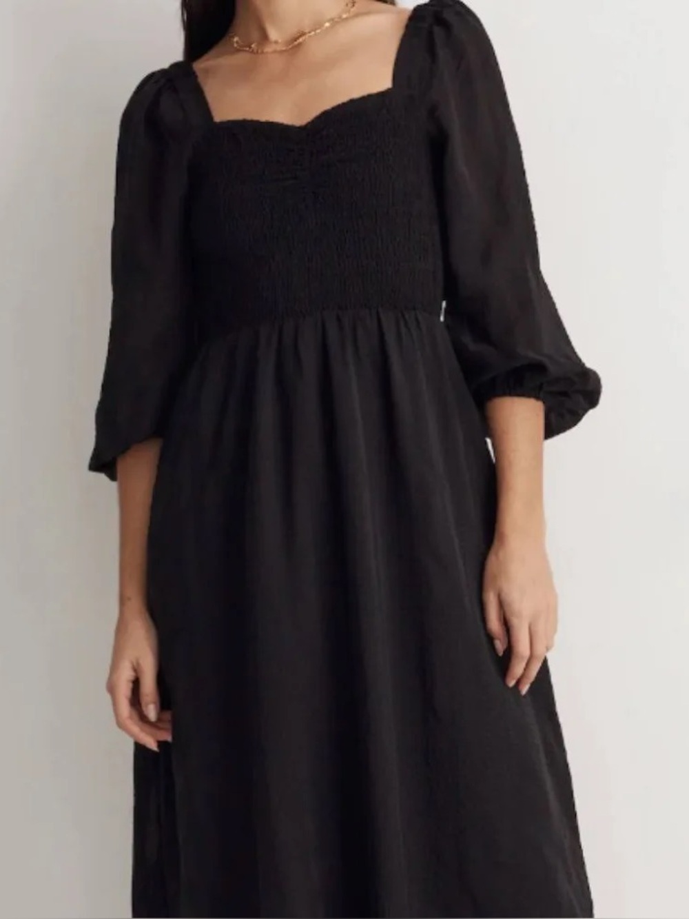 Madewell Lucie Black Smocked Midi Dress with Puff Sleeves